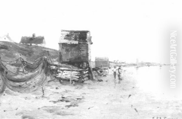 Coastal View With Fishing Shacks Oil Painting by Charles Edwin Lewis Green