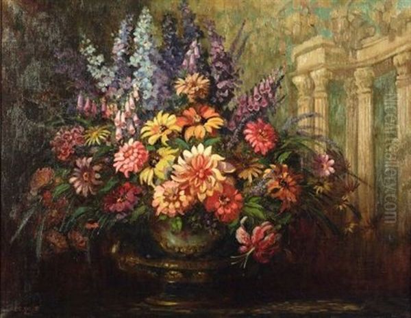 Large Floral Still Life Before A Classical Backdrop Oil Painting by Elizabeth Shippen Green