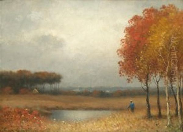 Hiker In A Fall Landscape Oil Painting by Frank Russell Green