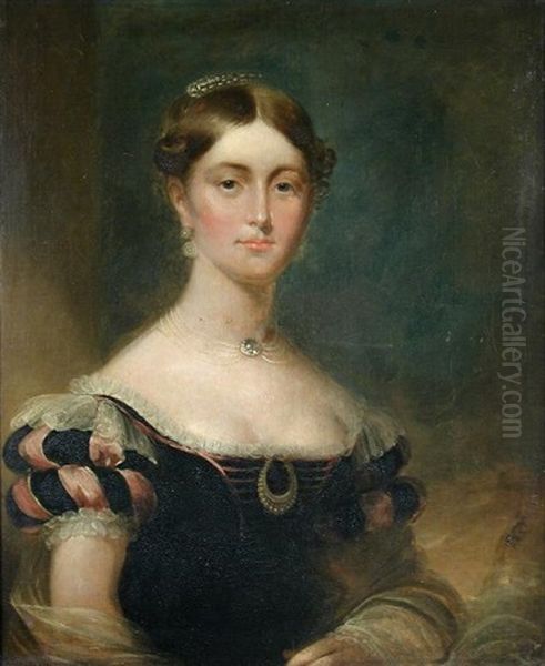 Portrait Of A Lady, Wearing Pearls And A Crescent-shaped Diamond Brooch Oil Painting by James Green