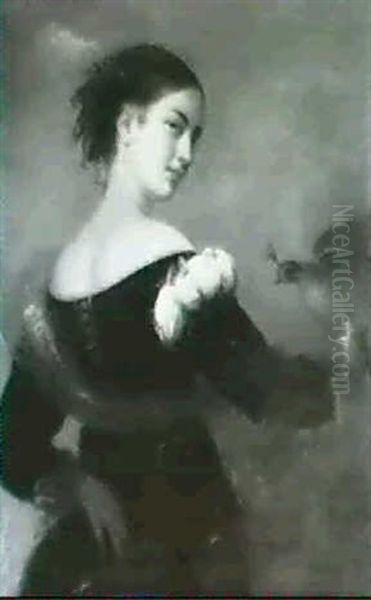 Portrait Of The Artist's Daughter, Half Length, In A        Black Dress With A Shawl And Pink Ribbon In Her Hair Oil Painting by James Green