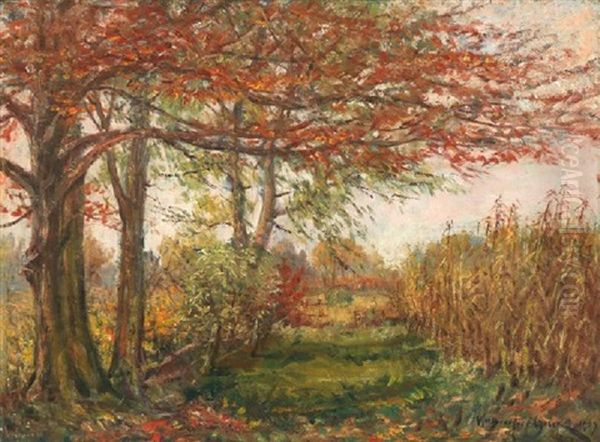 Cornstalks In A Fall Landscape Oil Painting by William Bradford Green