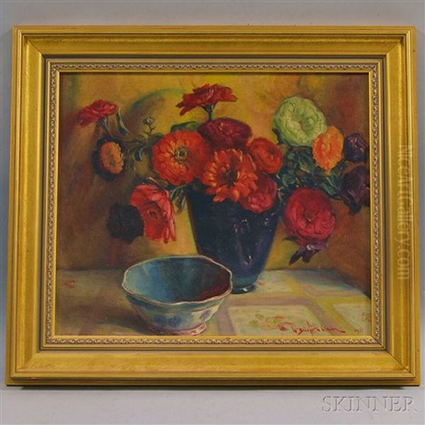 Still Life With Zinnias And China Bowl Oil Painting by William Bradford Green