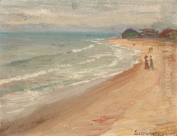 Figures Walking Along A California Beach Oil Painting by Joseph David Greenbaum