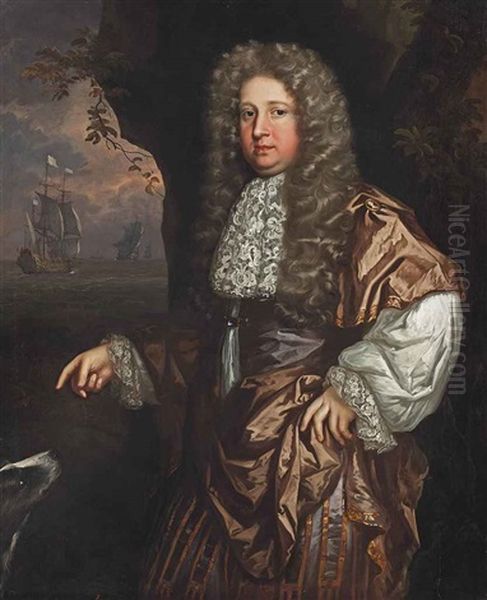 Portrait Of John Wood In A Brown Coat And Lace Stocking, A Dog At His Side, Ships From The Honourable East India Company Beyond Oil Painting by John Greenhill