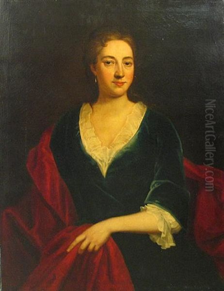 A Portrait Of A Lady, Three-quarter Length With A Red Wrap Oil Painting by John Greenhill