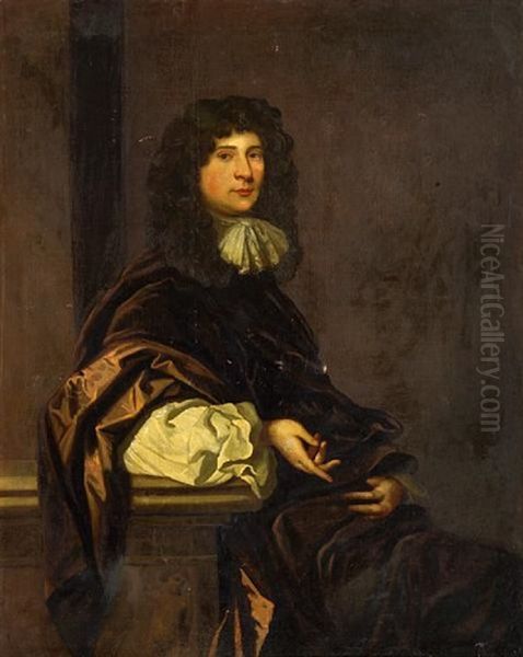 A Portrait Of A Gentleman, Seated, Wearing A Brown Robe, His Arm Resting On A Pedestal Oil Painting by John Greenhill