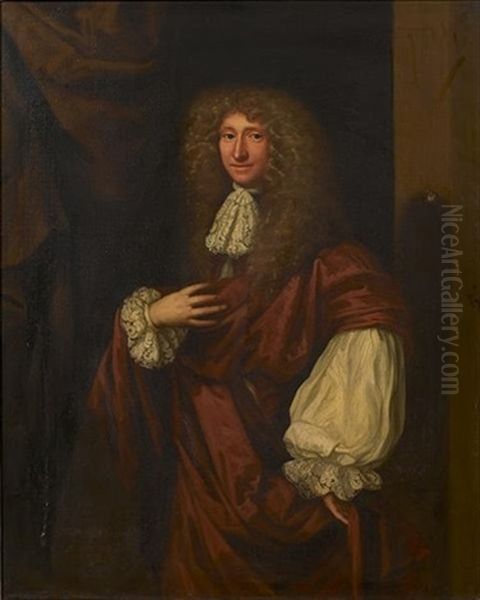 Portrait Of A Gentleman, Said To Be Sir William Whitmore, 2nd Bart. Of Apley, In A Russet Coat With A White Lace Jabot, Standing Before A Column Oil Painting by John Greenhill