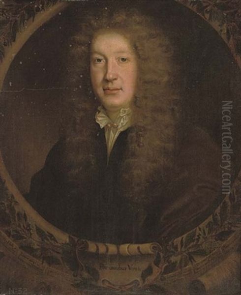 Portrait Of The Poet And Dramatist John Dryden In A Black Coat And White Shirt With Gold Fastenings Oil Painting by John Greenhill