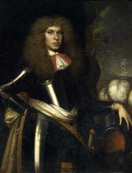 Portrait Of Ernest Napier In Armour, His Left Arm Resting On A Helmet Oil Painting by John Greenhill