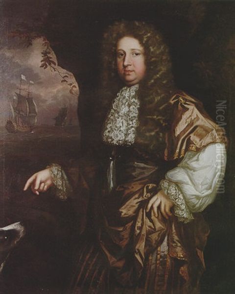 Portrait Of A Man (john Wood?) Wearing Silk Robes And A Lace Cravat, Standing In A Coastal Landscape With His Dog Oil Painting by John Greenhill