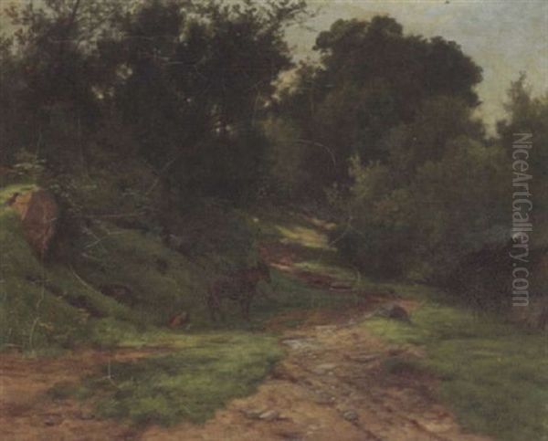 Donkey On A Forest Pathway Oil Painting by James M. Robert Greenlees