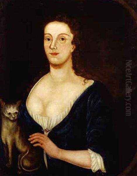 Portrait Of A Lady In Blue With Her Cat Oil Painting by John Greenwood