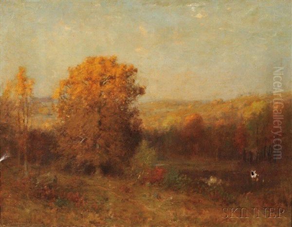 Sun Setting On An Autumn Landscape Oil Painting by Joseph H. Greenwood