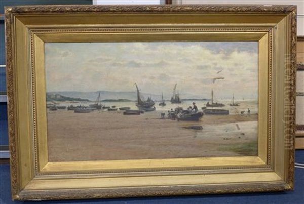 Fishing Boats And Figures On The Shore At Low Tide Oil Painting by Parker (George Parker) Greenwood