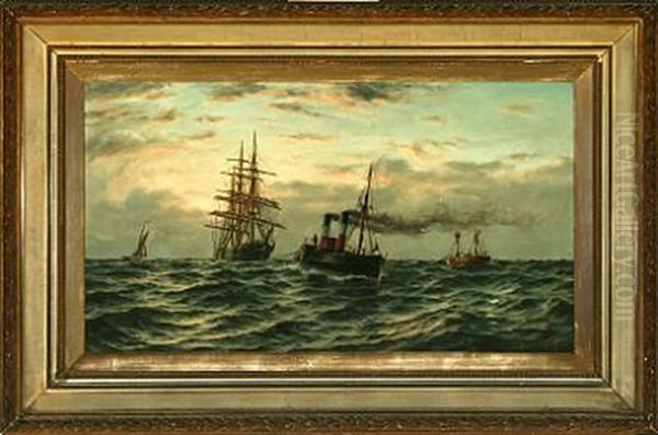 The Steamer Pathfinder Pulling A Full-rigger, In The Background The Lightship Grosby Oil Painting by Parker (George Parker) Greenwood