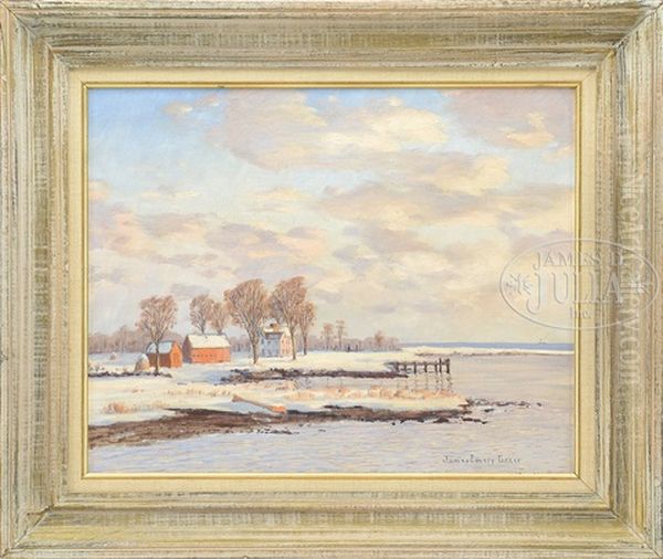 Winter Coastline With Colonial Homestead Oil Painting by James Emery Greer