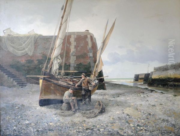 Two Fishermen Standing Beside A Boat At Low Tide Oil Painting by Jules G. Bahieu