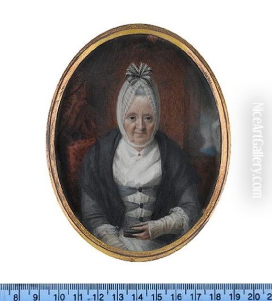 An Elderly Lady, Seated On A Red Upholstered Chair, Wearing Gray-blue Open Robe And White Dress, Fingerless Gloves And Fichu, Headdress Tied On Top With White And Grey Ribbon And Blue Shawl Oil Painting by John Alexander Greese