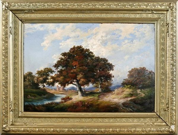 Herbstliche Landschaft Mit Viehhirten Am Bachlauf Mit Blick Auf Dorf Oil Painting by Conrad Grefe