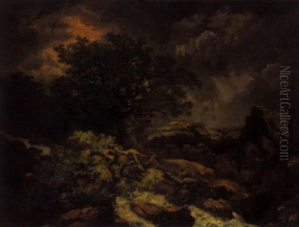 Sturzbach Mit Alter Eiche Bei Gewitter Oil Painting by Conrad Grefe