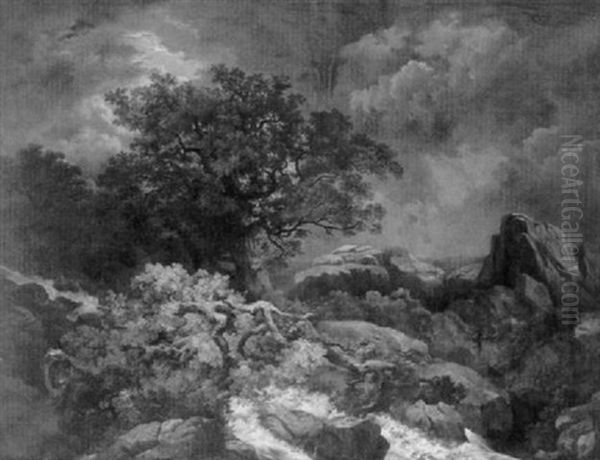 Sturzbach Mit Alter Eiche Bei Gewitter Oil Painting by Conrad Grefe