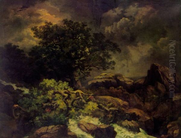 Sturzbach Mit Alter Eiche Bei Gewitter Oil Painting by Conrad Grefe