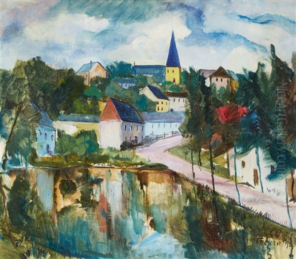 View Of A Small Town In The Eifel Oil Painting by Johannes Greferath