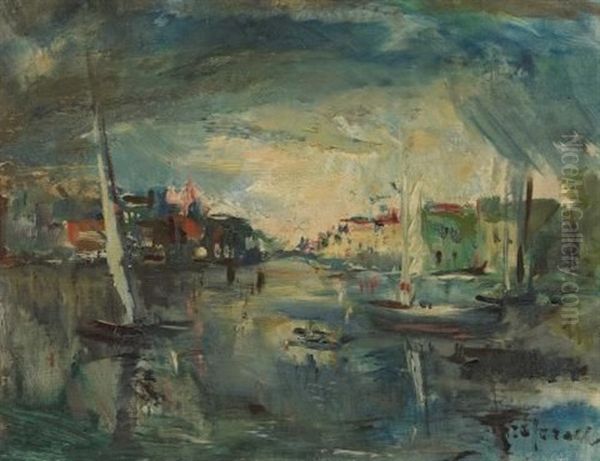 Stadtansicht Mit Fluss Oil Painting by Johannes Greferath