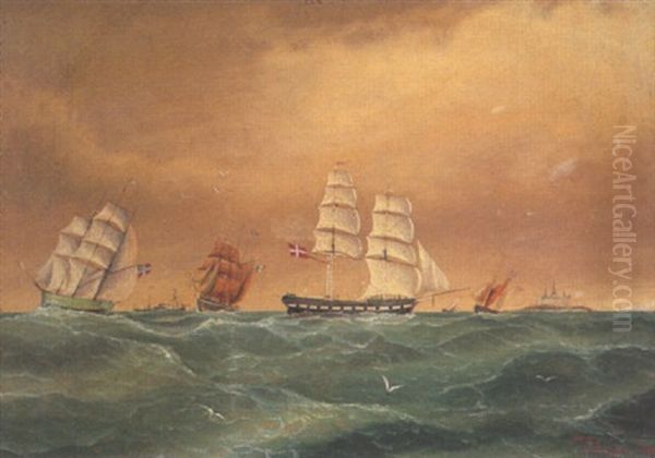 Segelschiffe Vor Schlos Helsingor Oil Painting by Julius Gregersen