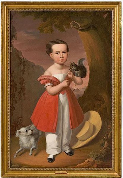 Young Child With Pet Squirrel And Small Dog Oil Painting by Louis Joseph Bahin