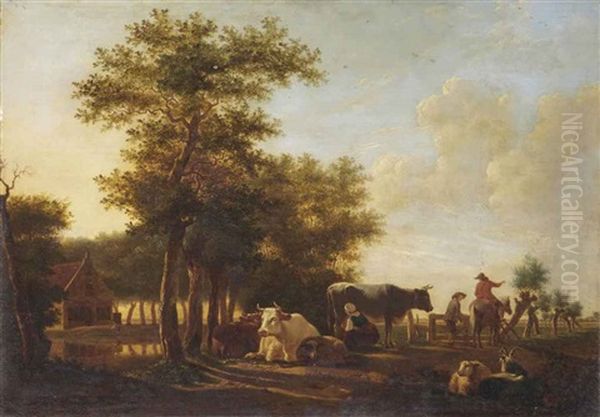 A Pastoral Scene With Peasants And Their Cattle Oil Painting by Gillis Smak Gregoor