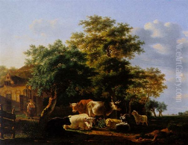 Cows, Sheep And A Goat At Pasture Oil Painting by Gillis Smak Gregoor