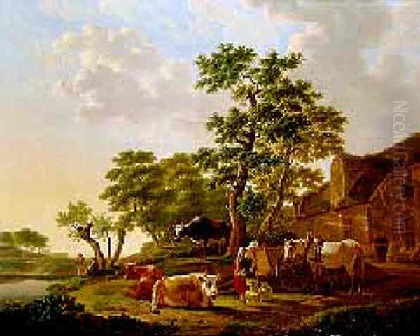 A Milkmaid And Cattle By A Farm On A Sunny Afternoon Oil Painting by Gillis Smak Gregoor