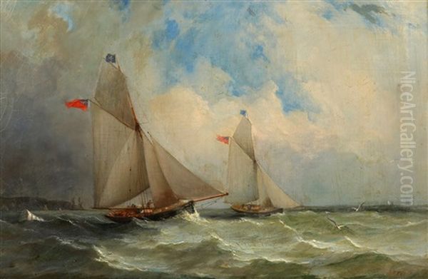 Cutter Yachts Racing Off Old Castle Point, Isle Of Wright Oil Painting by Charles Gregory