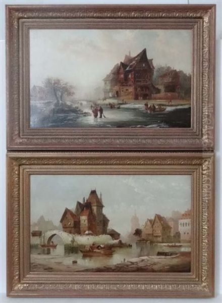 River Frozen Over With Ice Skaters And Buildings: A Lowlands Scene Possibly Coblenz On The Rhine (pair) Oil Painting by George Gregory