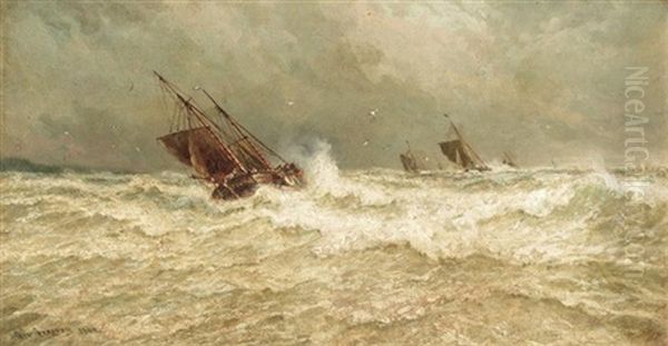 Stormy Seas At Dusk (+ Sailing At Dawn; Pair) Oil Painting by George Gregory