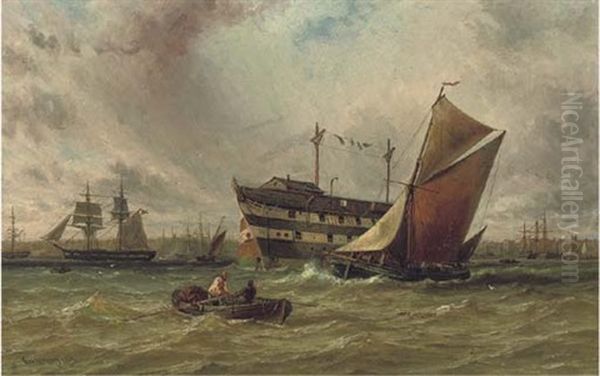 A Fishing Boat Sailing To Leeward Of An Anchored Hulk On The Medway Oil Painting by George Gregory