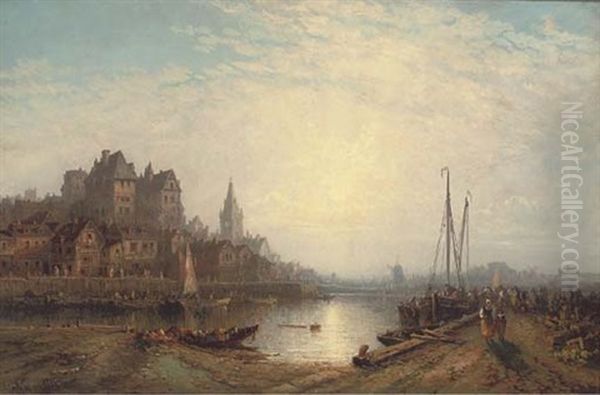 A Continental Harbour At Dusk, With Fishermen Unloading On The Quay Oil Painting by George Gregory