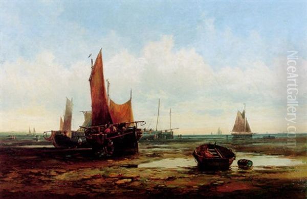 A Coastal Scene Near Yarmouth With Fishing Boats Oil Painting by George Gregory