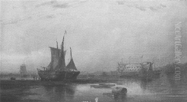 Beached Vessels And Hulks In The Upper Reaches Of Portsmouth Harbour Oil Painting by George Gregory