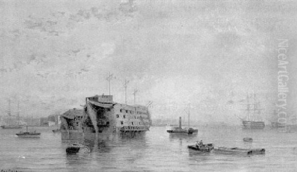 Prison Ships Anchored In A Harbour Oil Painting by George Gregory