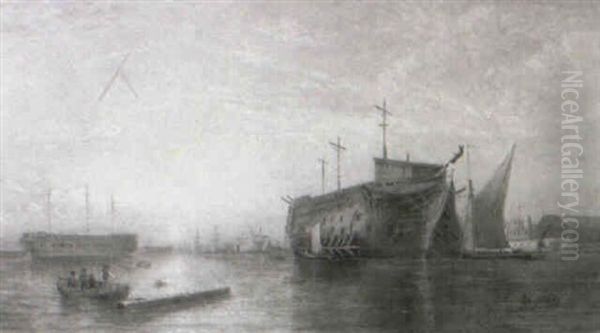 Hulks In Portsmouth Harbour Oil Painting by George Gregory