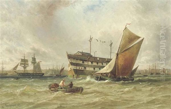 A Freshening Breeze On The Medway With A Prison Hulk Lying At Anchor Oil Painting by George Frederick Gregory