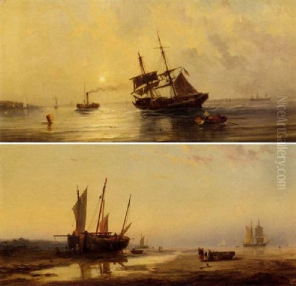 A Paddle Tug Towing A Brig Out Of Shallow Waters Oil Painting by George Frederick Gregory