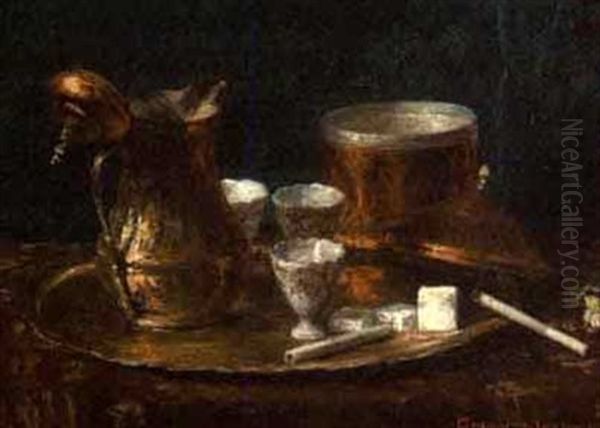 Still Life With Copper Tea Service And Burning Cigarette Oil Painting by Emerich Imre Greguss