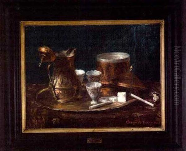 Still Life With Copper Tea Service And Burning Cigarette Oil Painting by Emerich Imre Greguss