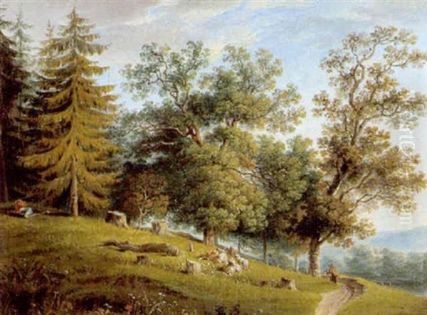 Rastender Hirte In Einer Hugeligen Landschaft Oil Painting by Janos Greguss