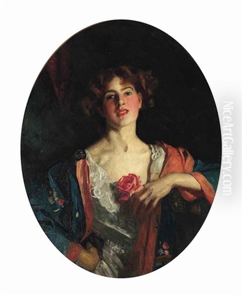 Portrait Of Mrs Bury Barry Holding A Rose Oil Painting by Maurice Greiffenhagen