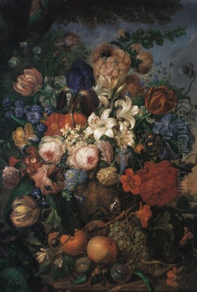 Blumen- Und Fruchtestilleben Auf Einer Balustrade Oil Painting by Caspar Arnold Greiner